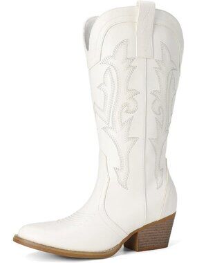 DREAM PAIRS Women's White Cowgirl Mid Calf Boots Pointed Toe Western Chunky Heel
